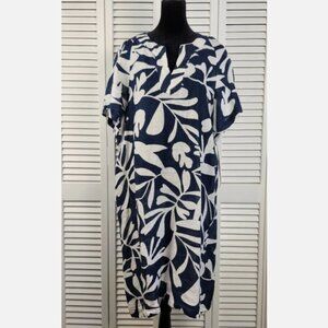 Elie by Elie Tahari 100% Linen Dress One Size Navy White Tropical Print Resort